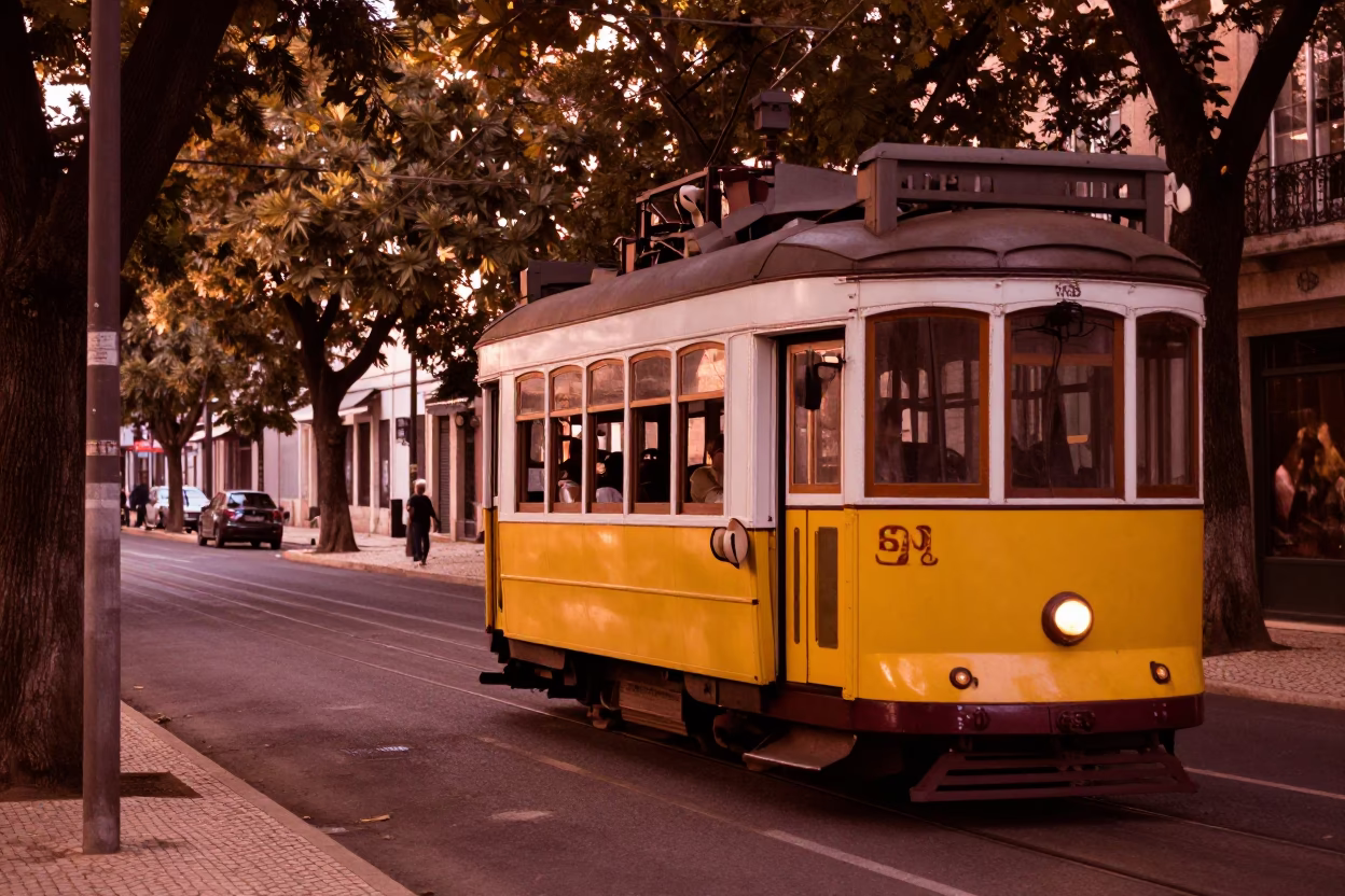 Copper-toned Lisbon Street Scene with Vintage Tram and Sun Hats in in Lisbon, Portugal