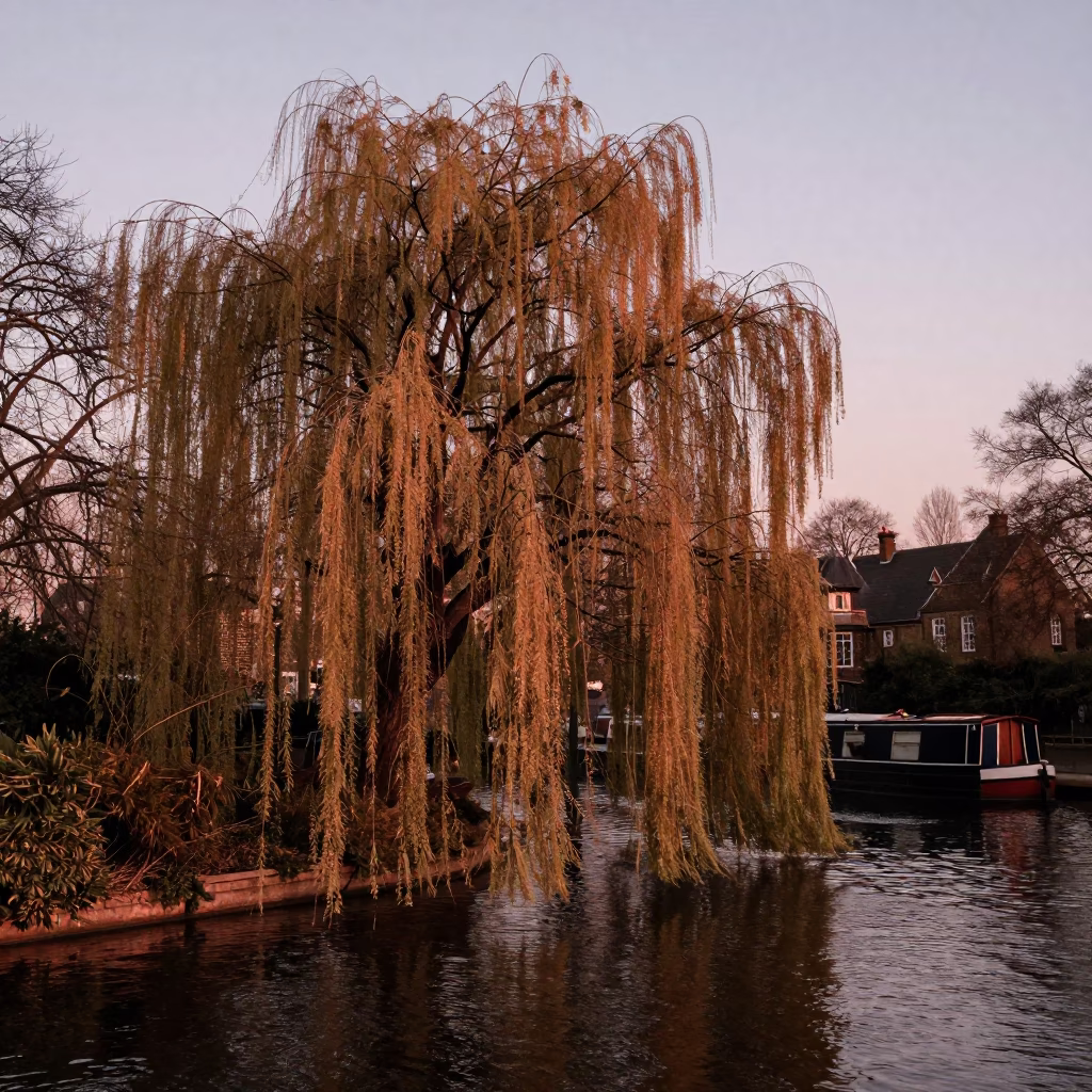 Copper-toned London Dusk Willow Tree Pond and Canal Barge Scenic View in in London, United Kingdom