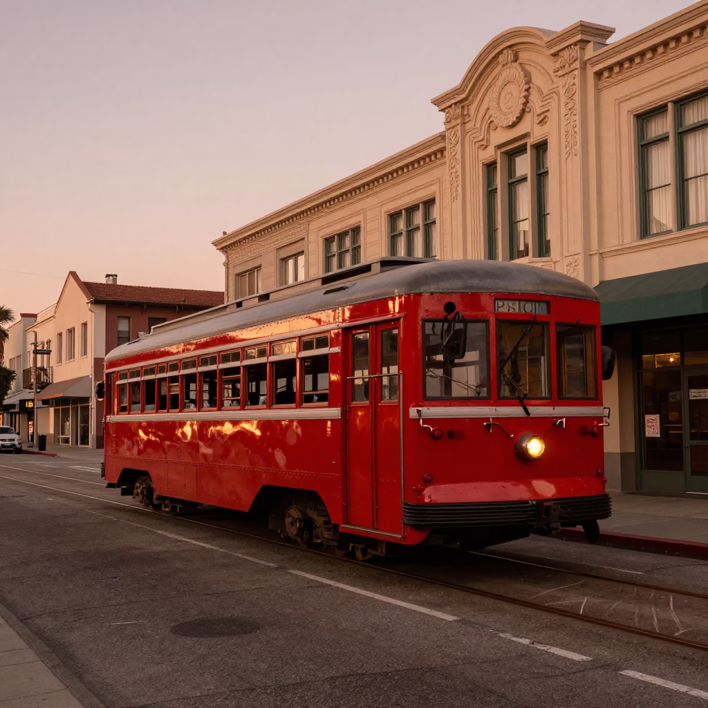 Copper Toned Los Angeles Street Scene with Art Nouveau Facades and Tram in in Los Angeles, California, United States