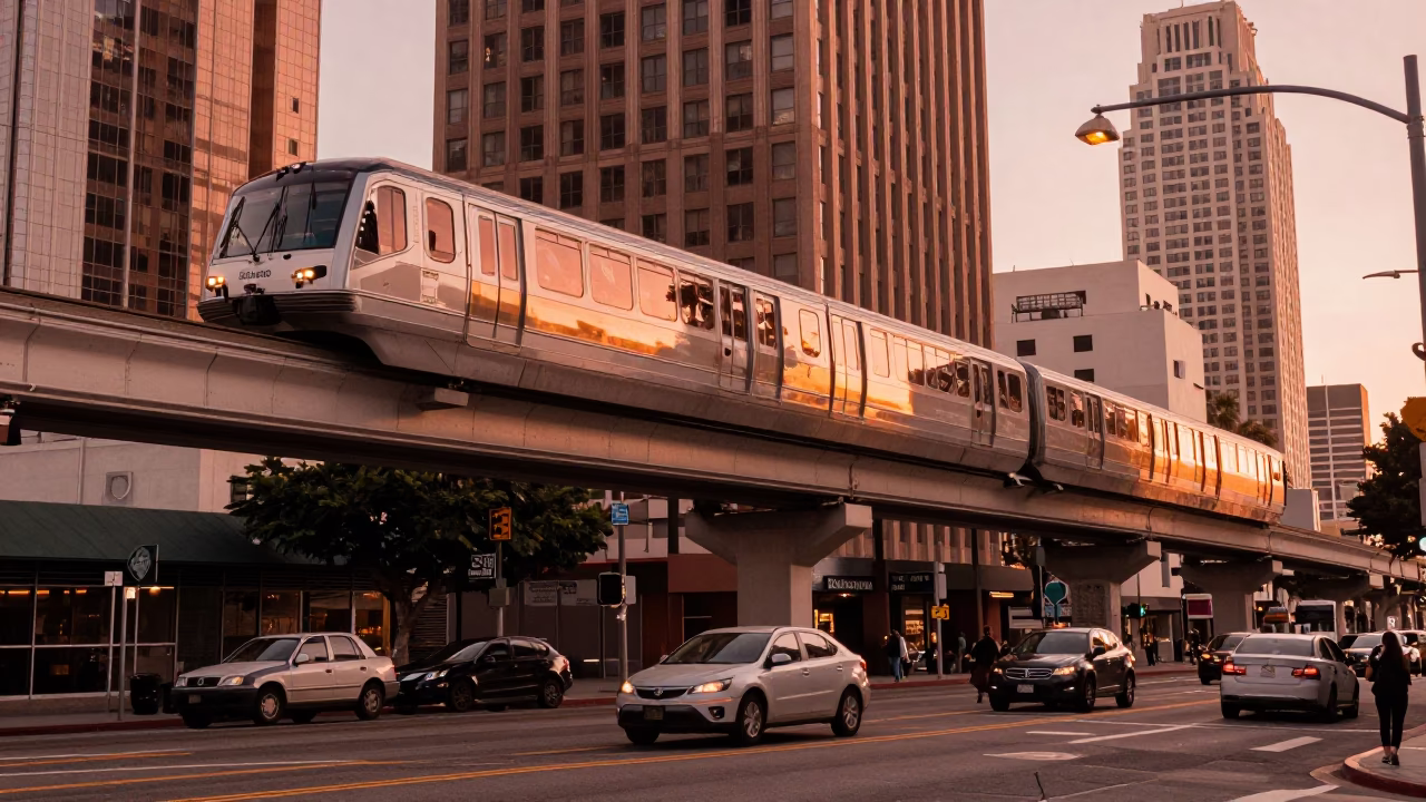 Copper-toned Los Angeles Street Scene with Monorail Reflection in Glass Skyscraper Before Dusk in in Los Angeles, California, United States