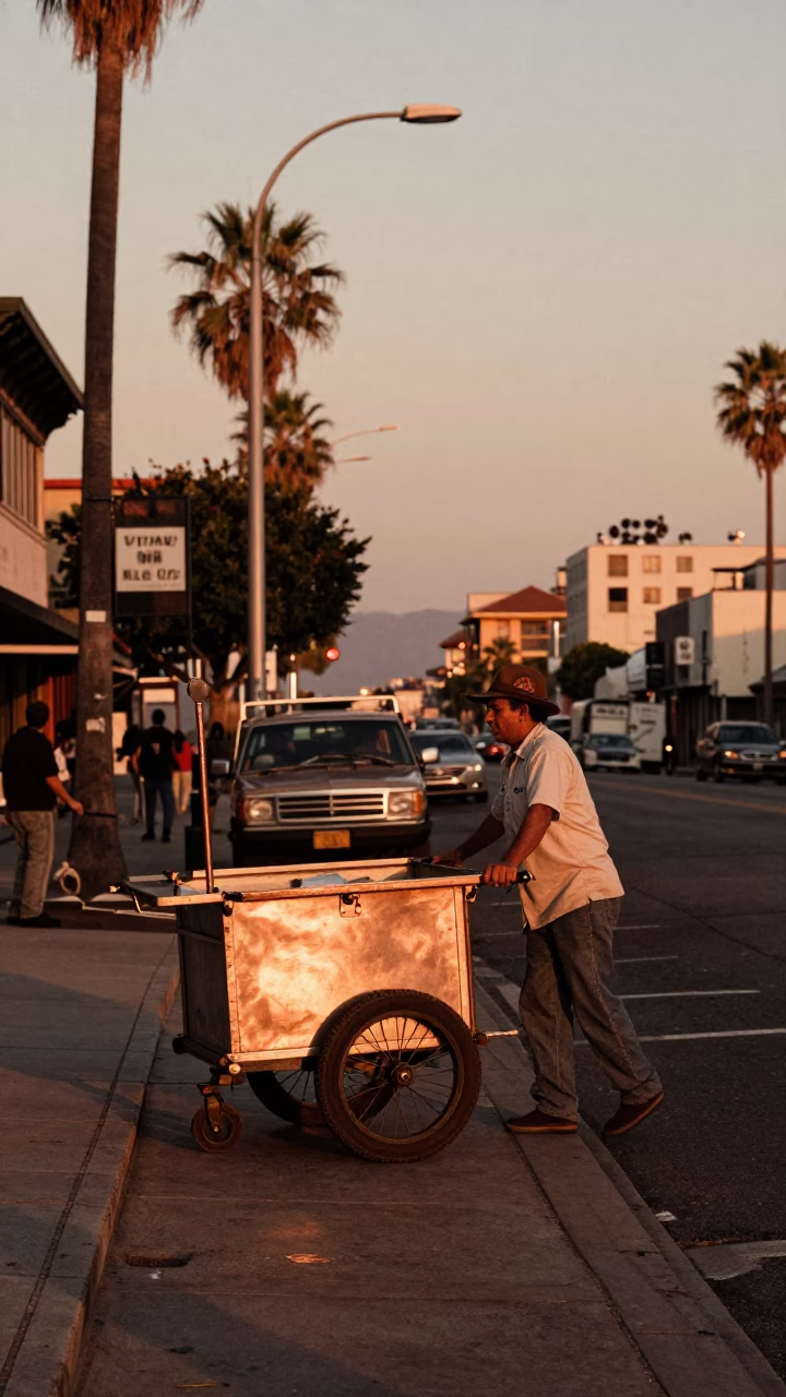Copper-Toned Los Angeles Street Scene with Rolling Carts and Vintage Details Before Dusk in in Los Angeles, California, United States