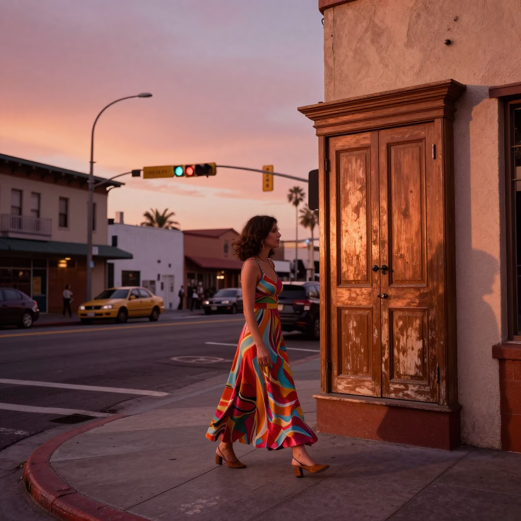 Copper Toned Los Angeles Sunset Street Scene with Vintage 1970s Fashion and Local Details in in Los Angeles, California, United States