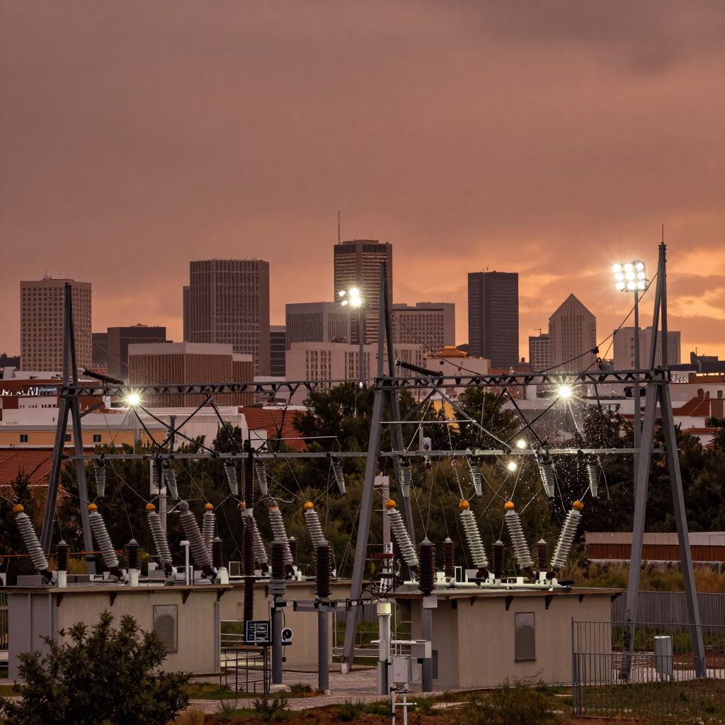 Copper Toned Madrid Dusk Landscape with Substation Insulators Sparkling Under Floodlights in in Madrid, Spain