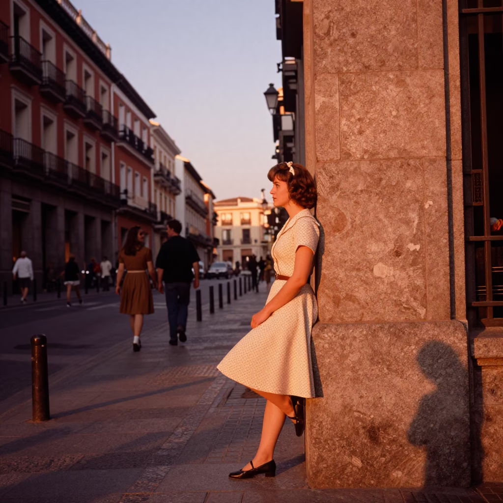 Copper Toned Madrid Street Scene Before Dusk with Local Market Activity in in Madrid, Spain