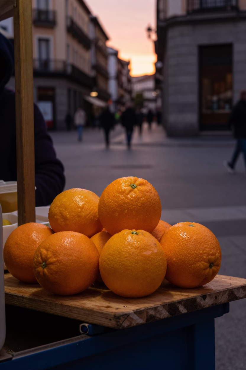 Copper Toned Madrid Street Scene with Oranges and Spice Tins Before Dusk in in Madrid, Spain