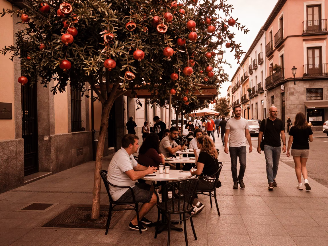 Copper-toned Madrid street scene with pomegranate tree and ceramic plates at dusk in in Madrid, Spain