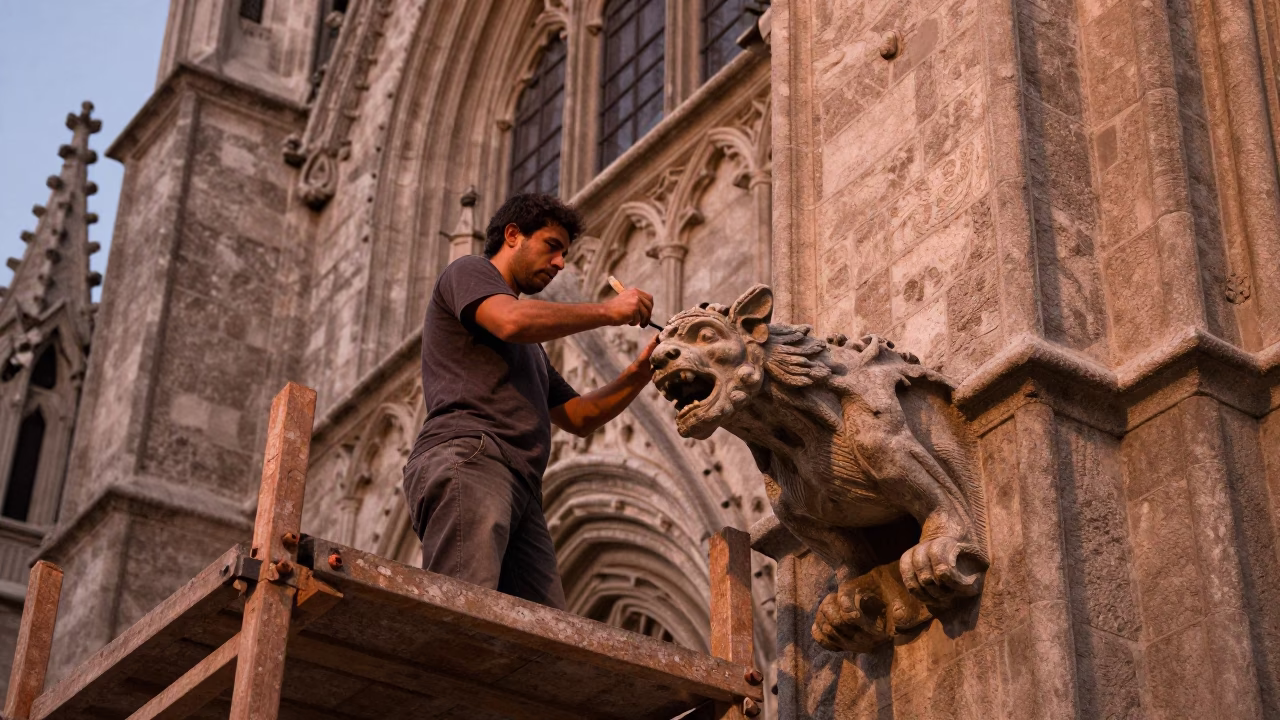 Copper-toned Madrid street scene with stonemason chiseling cathedral gargoyle on scaffold in in Madrid, Spain