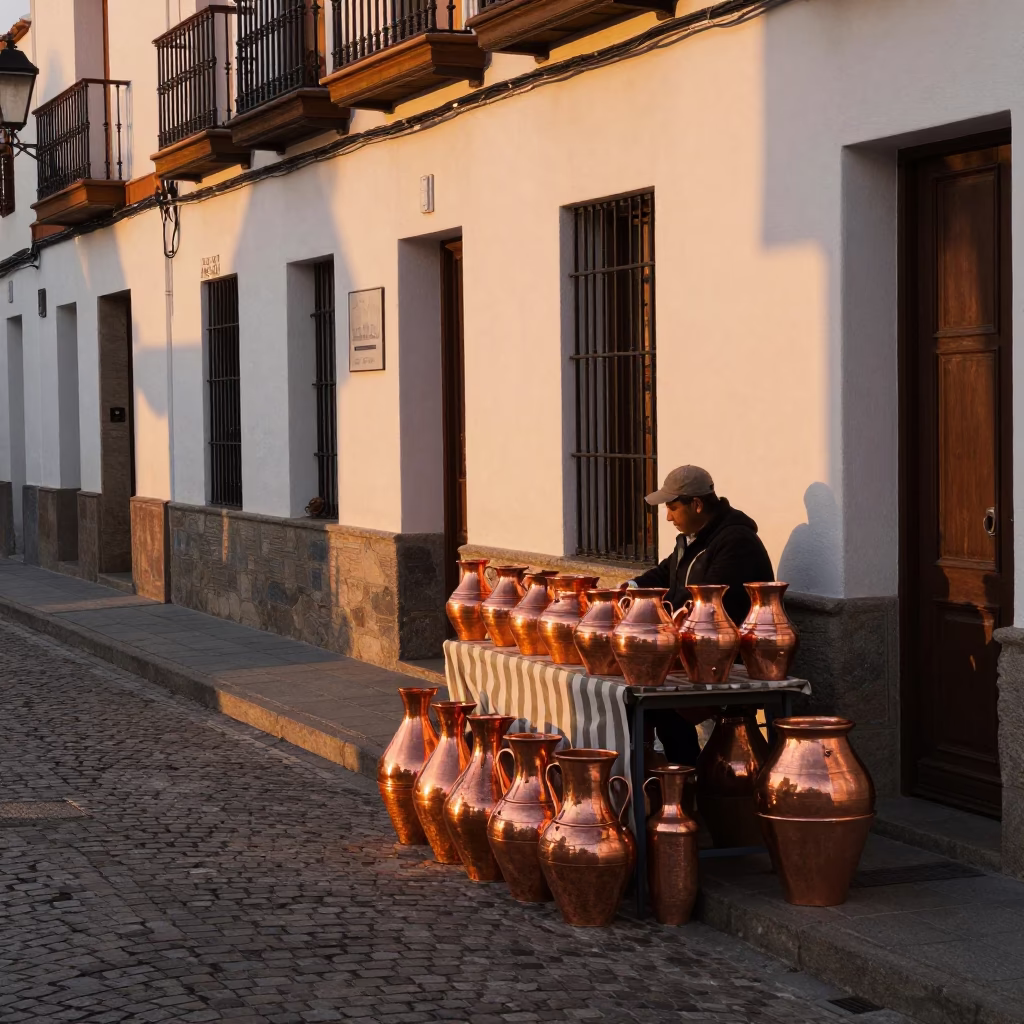 Copper-toned Madrid street scene with traditional pottery and striped fabric in 1950s style in in Madrid, Spain