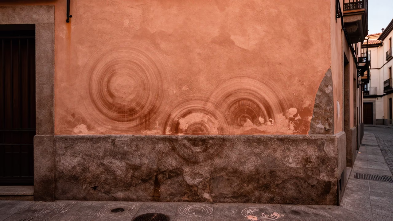 Copper-toned Madrid street scene with water rings on wall before dusk in in Madrid, Spain