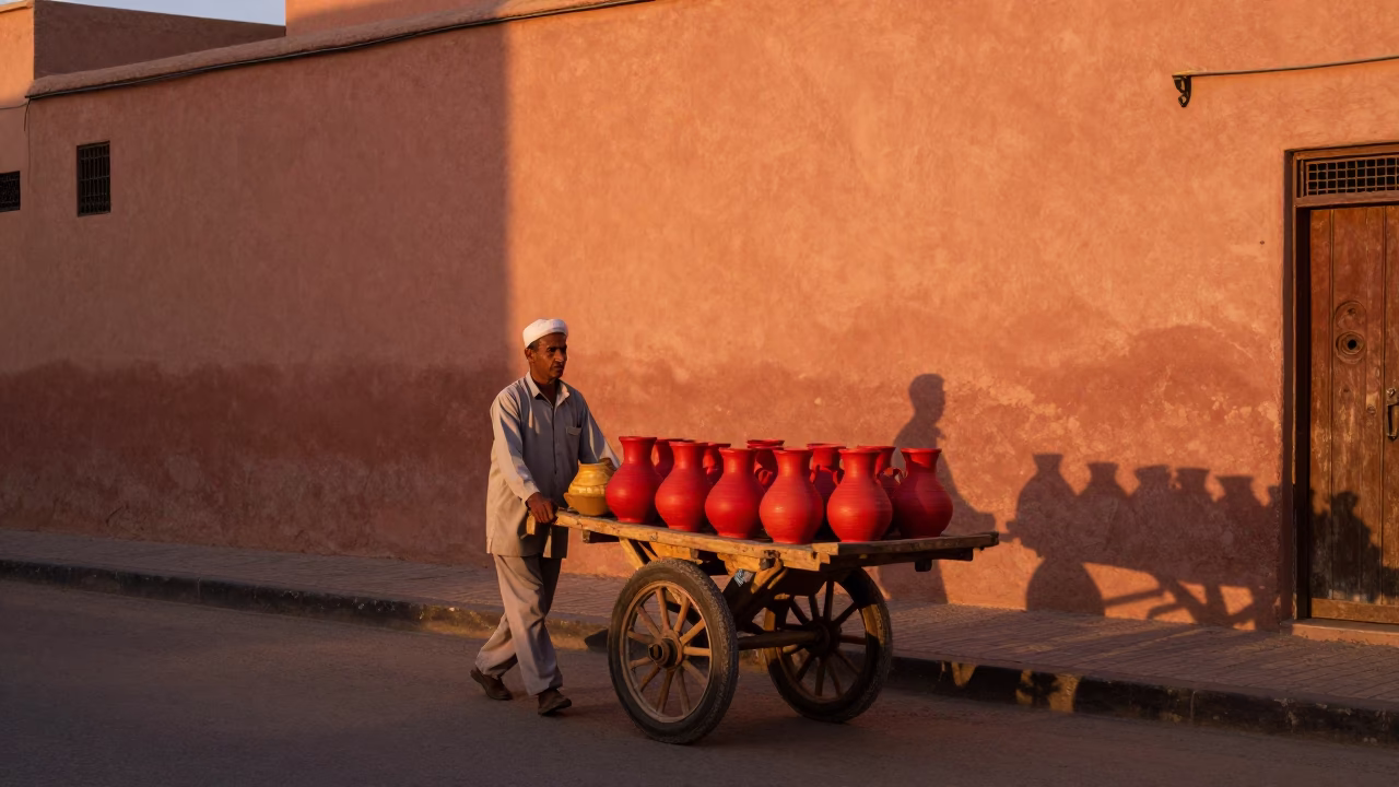 Copper-toned Marrakech street scene with rolling carts and local commerce before dusk in in Marrakech, Morocco