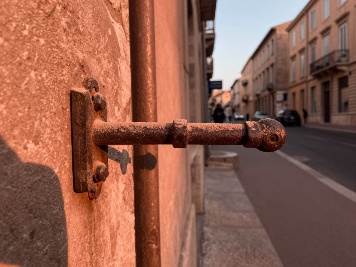 Copper-toned Marseille street scene with dust on latch and figs in 1960s in in Marseille, France
