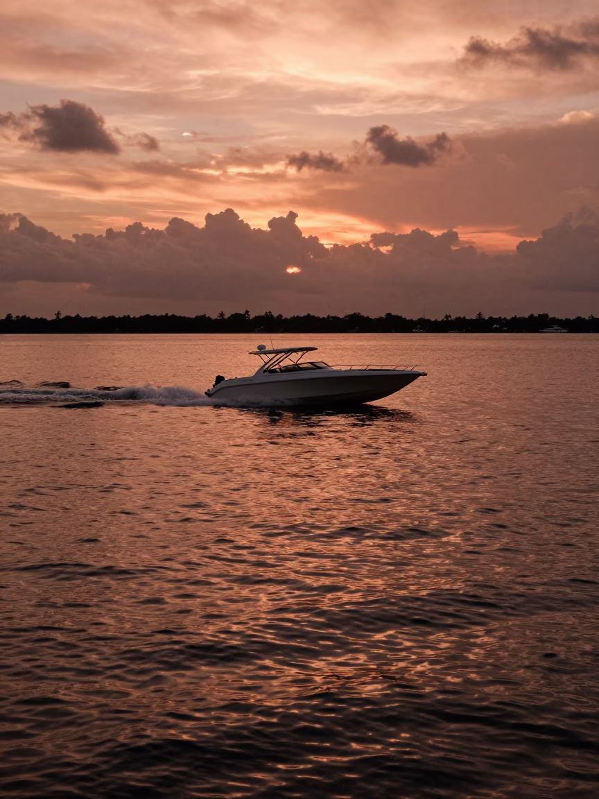 Copper-toned Miami Biscayne Bay Speedboat Wake Reflections Before Dusk in in Miami, Florida, United States