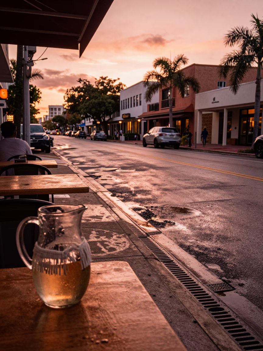 Copper-Toned Miami Dusk Street Scene with Condensation on Drain and Linen Fringe Detail in in Miami, Florida, United States