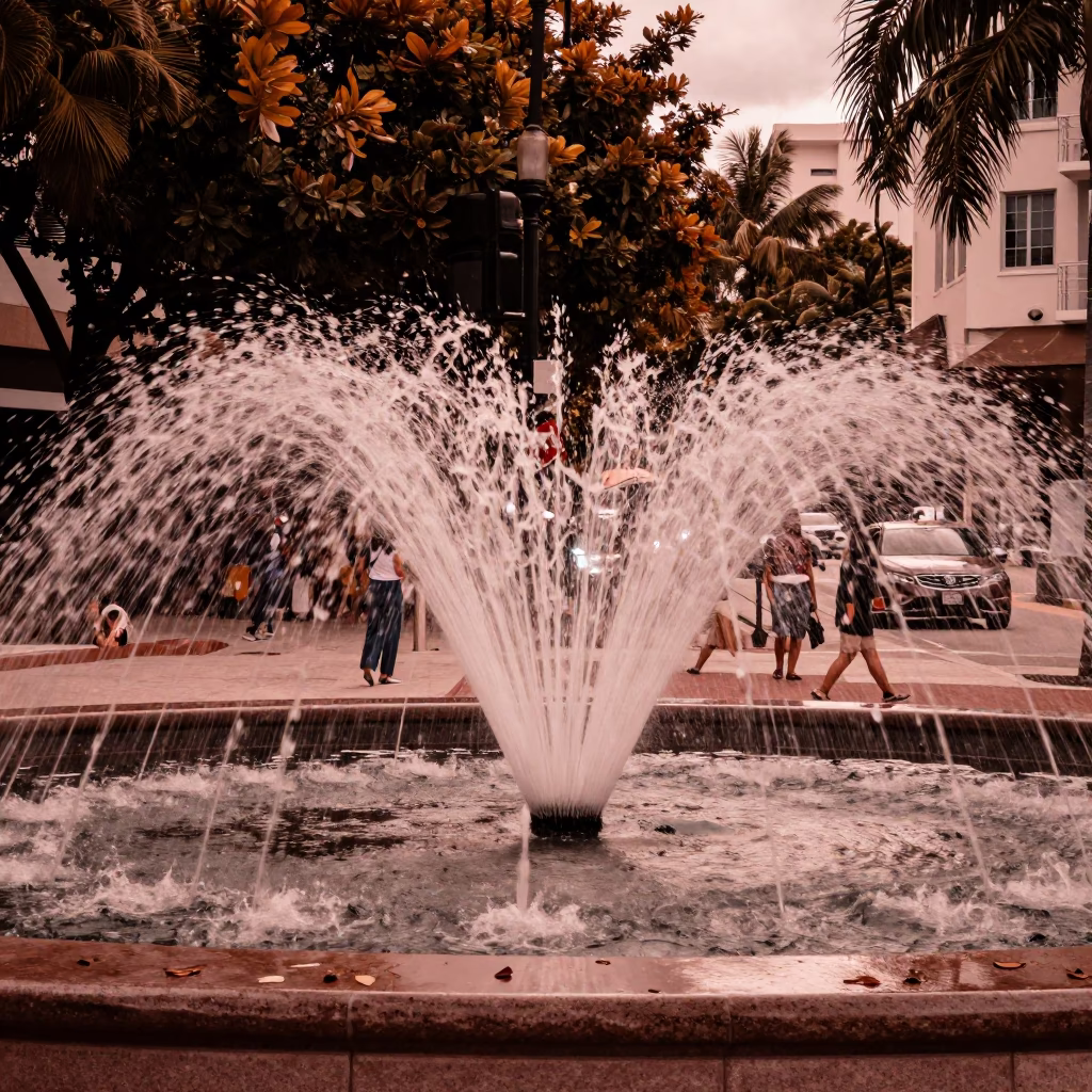 Copper-Toned Miami Street Scene with Fountain Spray and Leaf Shadows Before Dusk in in Miami, Florida, United States