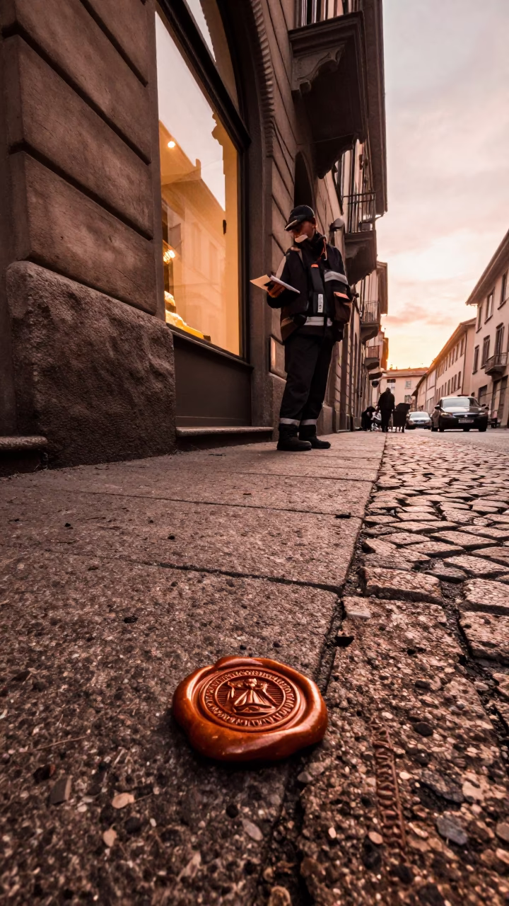 Copper-toned Milan street scene with window light and wax seal stamp in in Milan, Italy