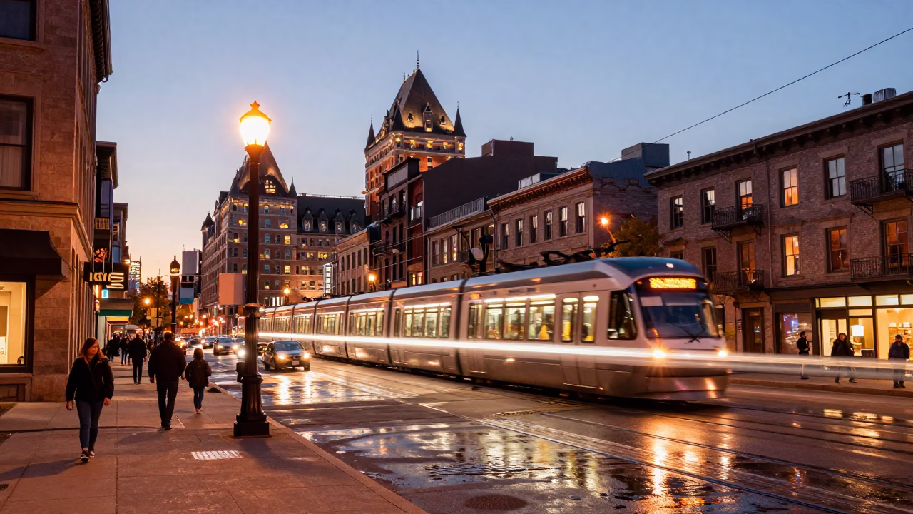 Copper Toned Montreal Dusk Street Scene with Monorail and River in in Montreal, Quebec, Canada