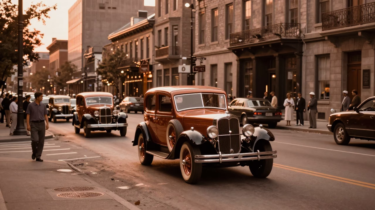 Copper-Toned Montreal Street Scene with Vintage Car Rally and Market Activity in in Montreal, Quebec, Canada