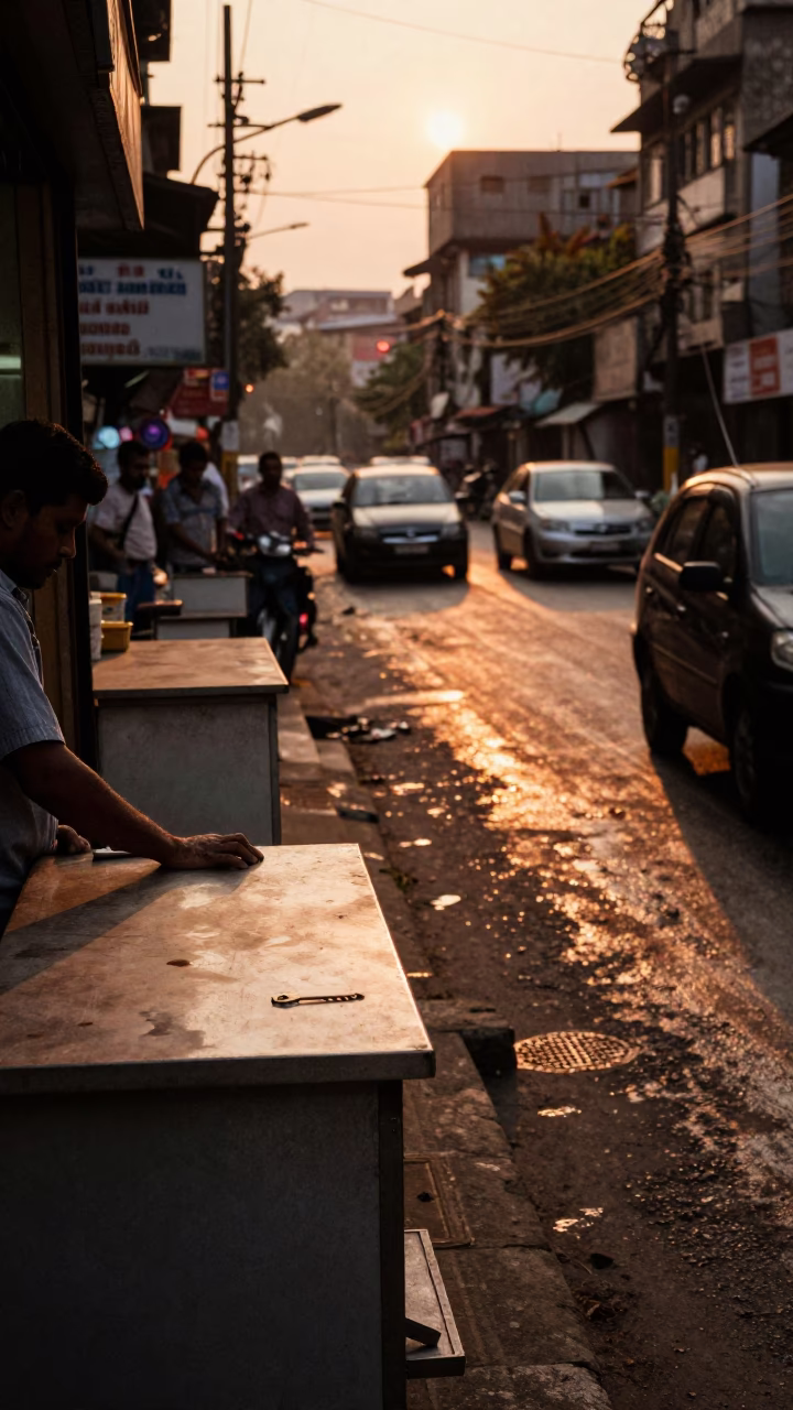 Copper-Toned Mumbai Dusk Street Scene with Grease Sheen and Key Blank in in Mumbai, India