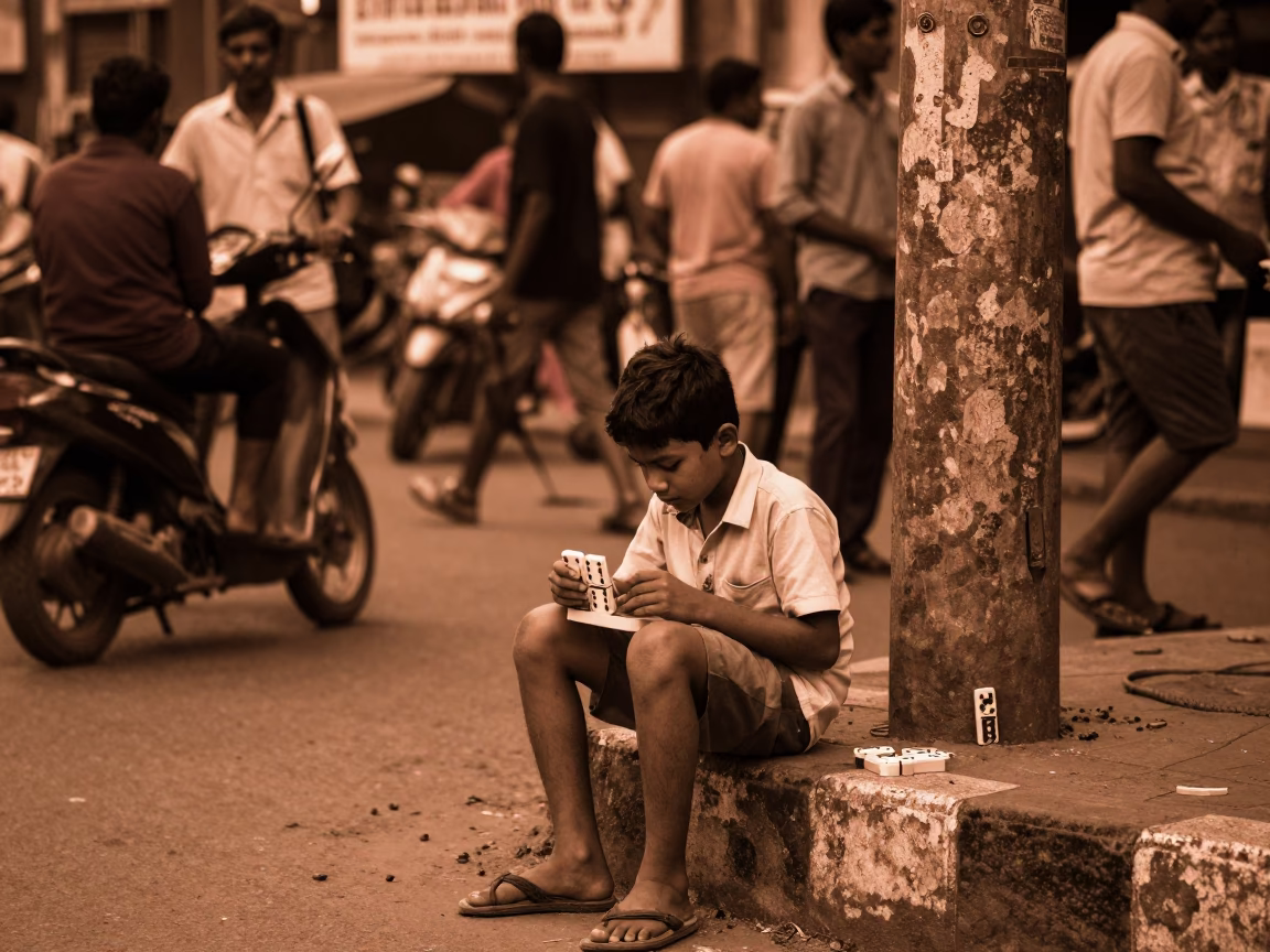 Copper Toned Mumbai Street Scene Before Dusk with Domino Box and Local Life in in Mumbai, India