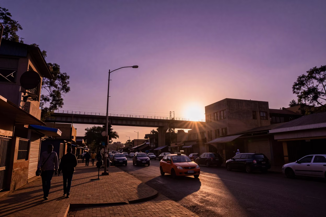 Copper-toned Nairobi dusk street scene with railway viaduct and local market activity in in Nairobi, Kenya