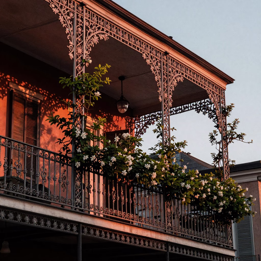 Copper-toned New Orleans balcony scene with wrought iron and jasmine in in New Orleans, Louisiana, United States