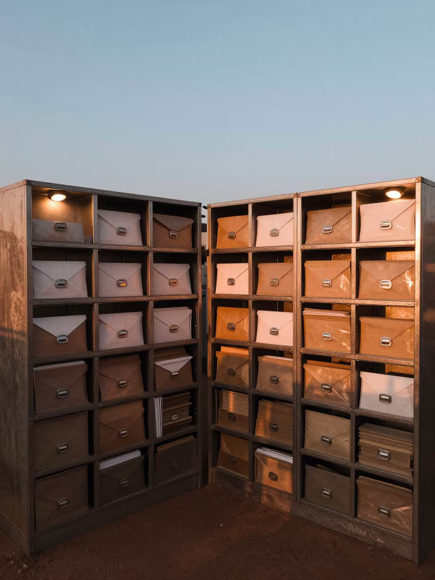Copper-toned office cubby wall before dusk in inside an open-plan office bay in Chingola