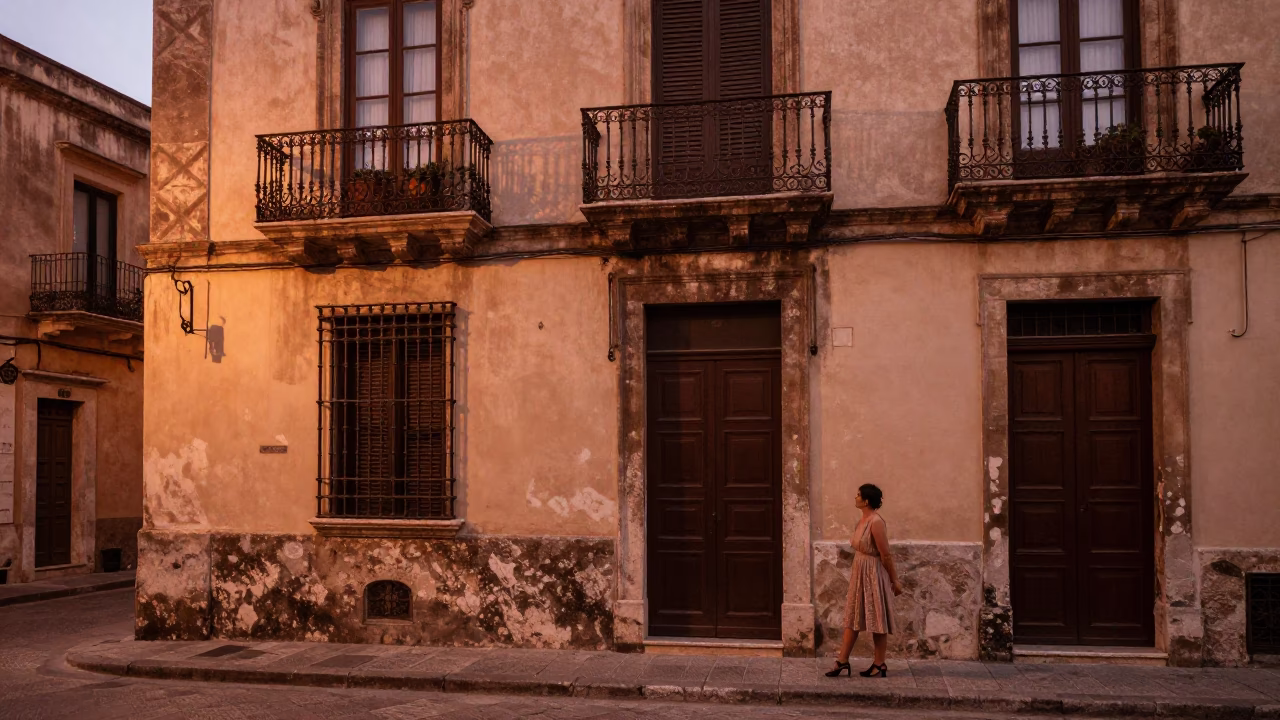 Copper Toned Palermo Street Scene Before Dusk with Vintage Laundry Hanging in in Palermo, Italy