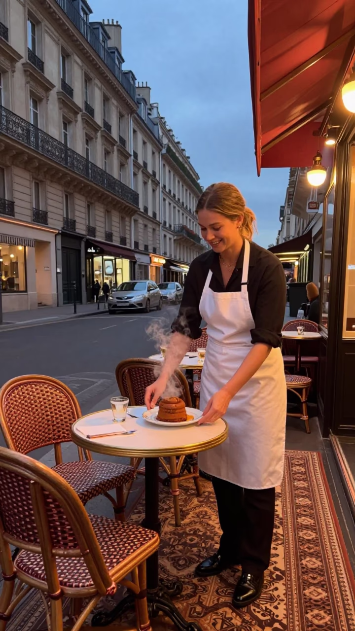 Copper-toned Parisian Cafe Evening with Patterned Rug and Cooking Pot in in Paris, France