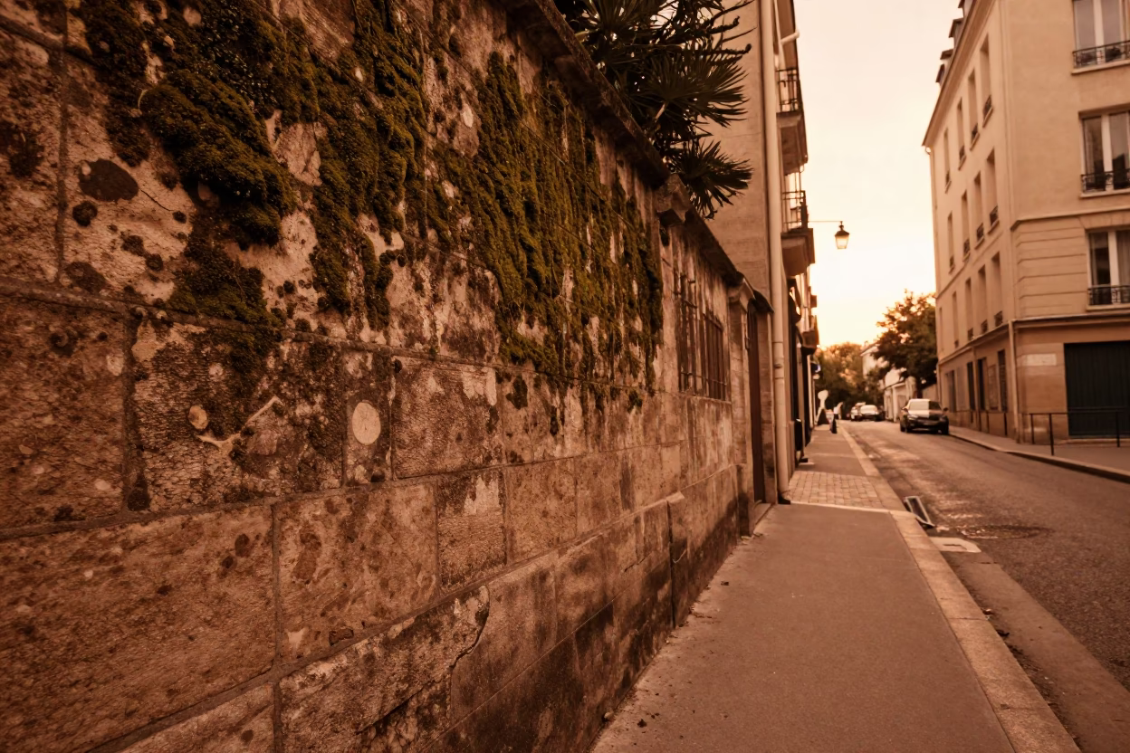 Copper-toned Parisian street scene before dusk with mossy stone walls and bustling activity in in Paris, France