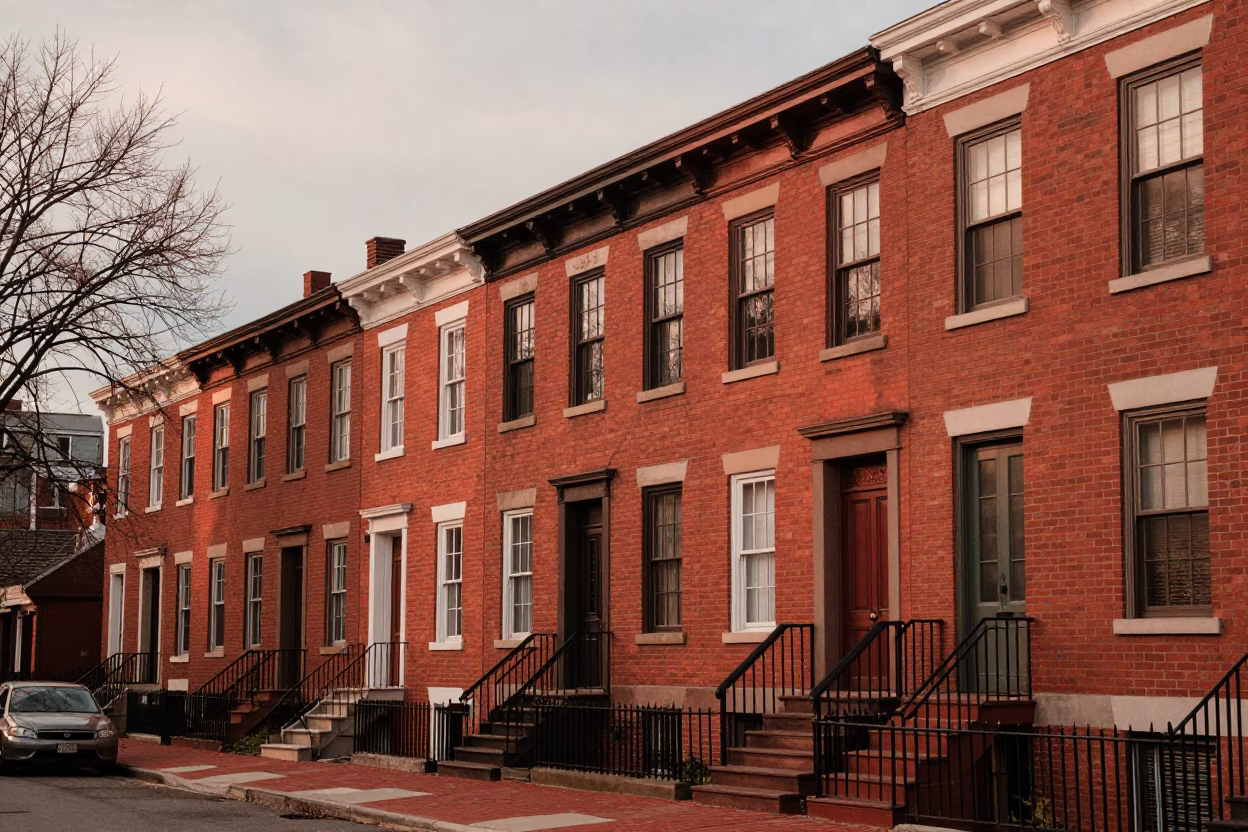 Copper Toned Philadelphia Dusk View of Brick Row Homes and Street Scene in in Philadelphia, Pennsylvania, United States