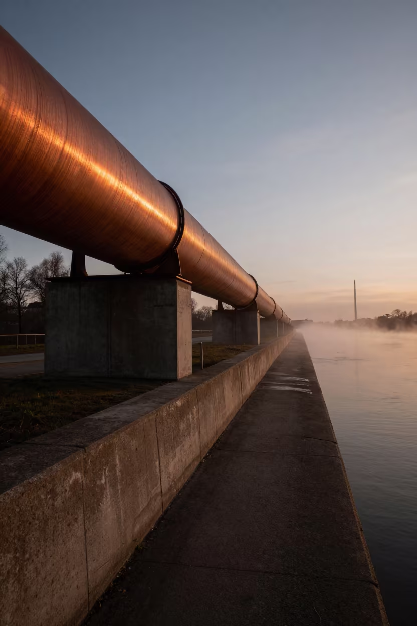 Copper Toned Pipe Along Odense Levee at Dusk in along a levee path above floodwater near Odense