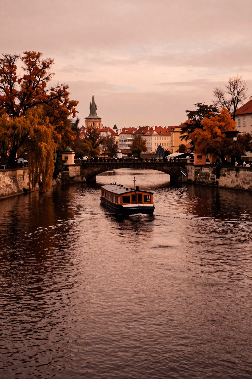 Copper-toned Prague Dusk Barge on Vltava Canal with Autumn Willows in in Prague, Czech Republic