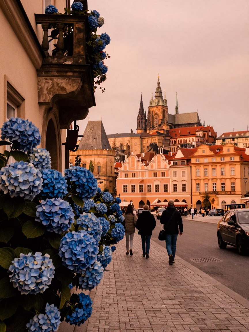 Copper-toned Prague dusk street scene with hydrangeas and vintage bicycles in in Prague, Czech Republic