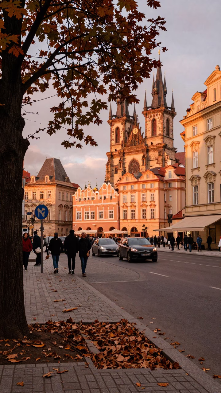 Copper-toned Prague street scene with chestnut tree husks and observatory dome at dusk in in Prague, Czech Republic