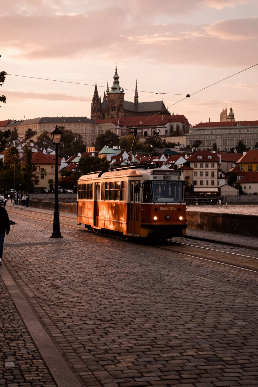 Copper-toned Prague Street Scene with Vintage Tramway and Local Life Before Dusk in in Prague, Czech Republic