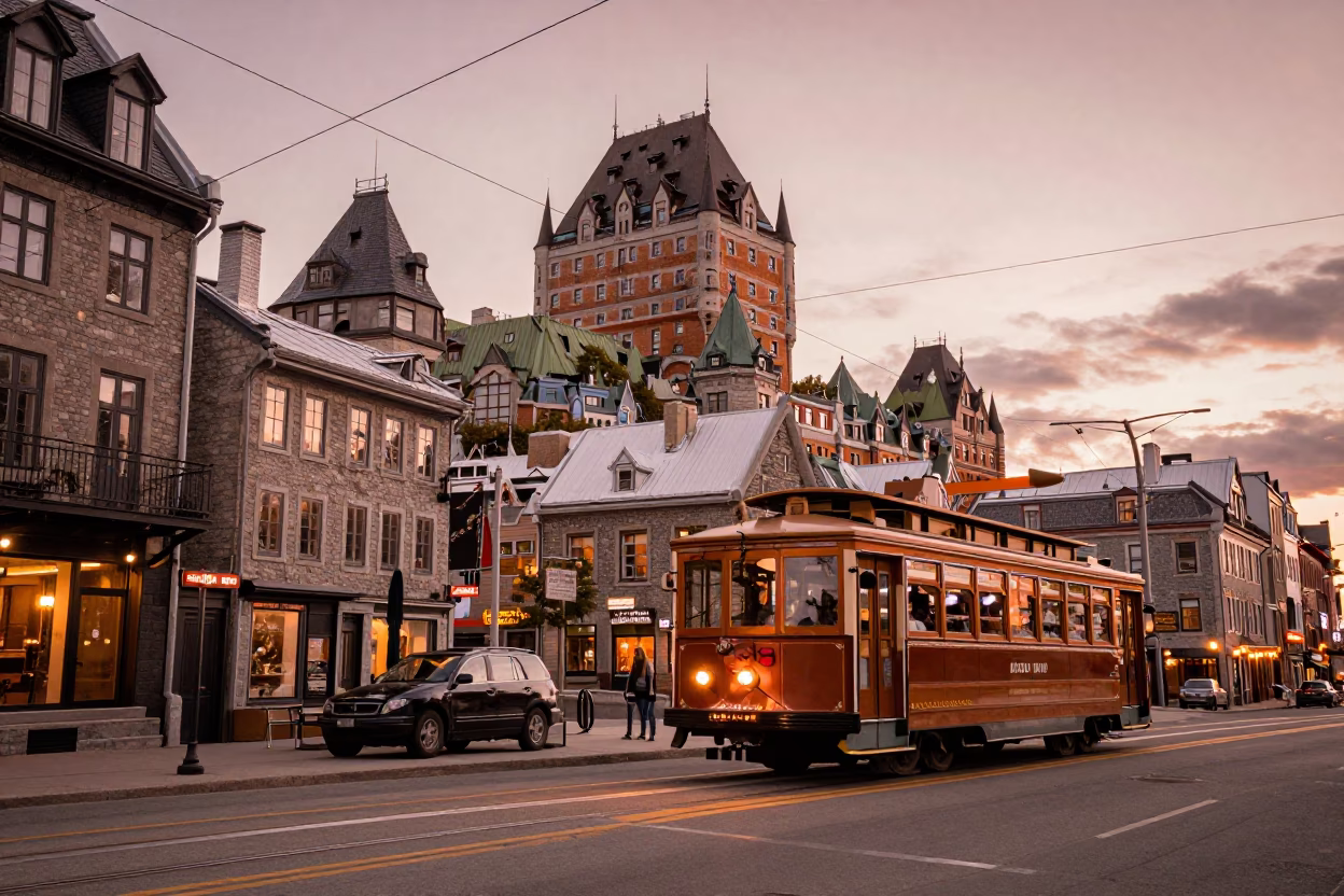 Copper Toned Quebec City Dusk Street Scene with Cable Car and Lanterns in in Quebec City, Quebec, Canada