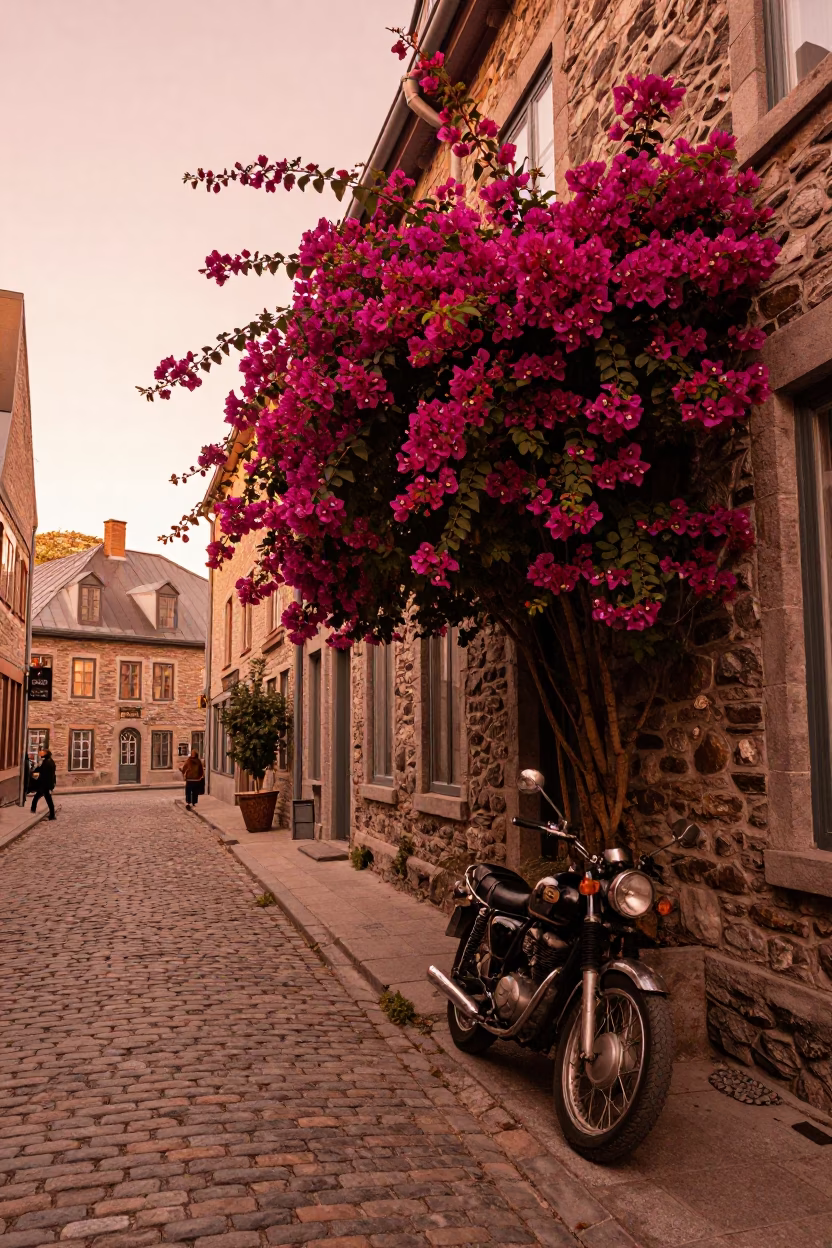 Copper-Toned Quebec City Street Scene With Bougainvillea And Vintage Motorcycle in in Quebec City, Quebec, Canada