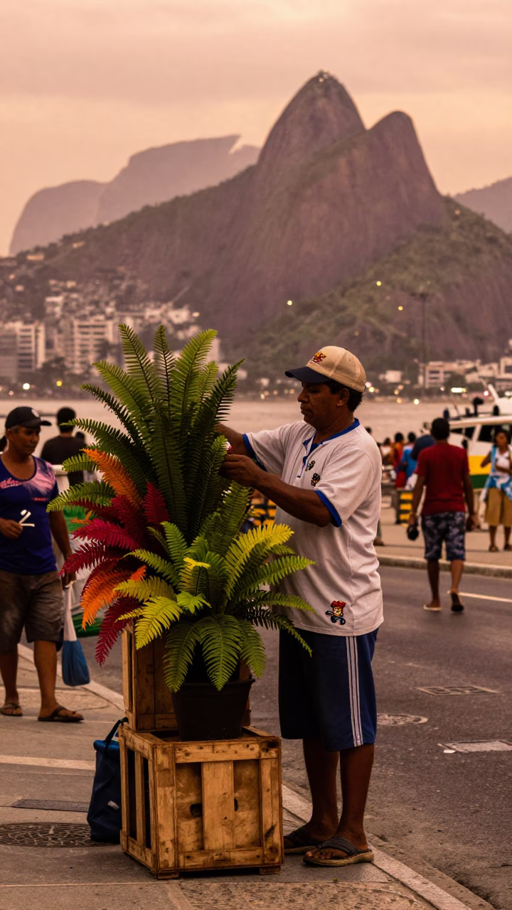 Copper Toned Rio Dusk Street Scene with Embroidered Thread and Vine in in Rio de Janeiro, Brazil