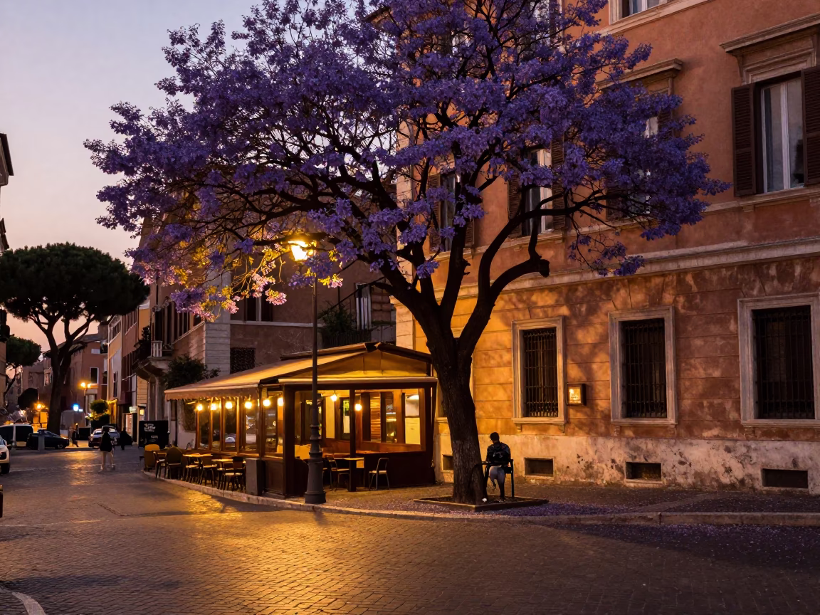 Copper-Toned Roman Dusk Street Scene with Jacaranda Tree and Local Life in in Rome, Italy
