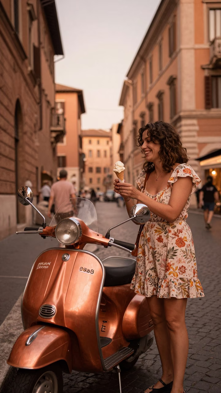Copper-toned Rome street scene before dusk with vintage scooter and bustling piazza in in Rome, Italy
