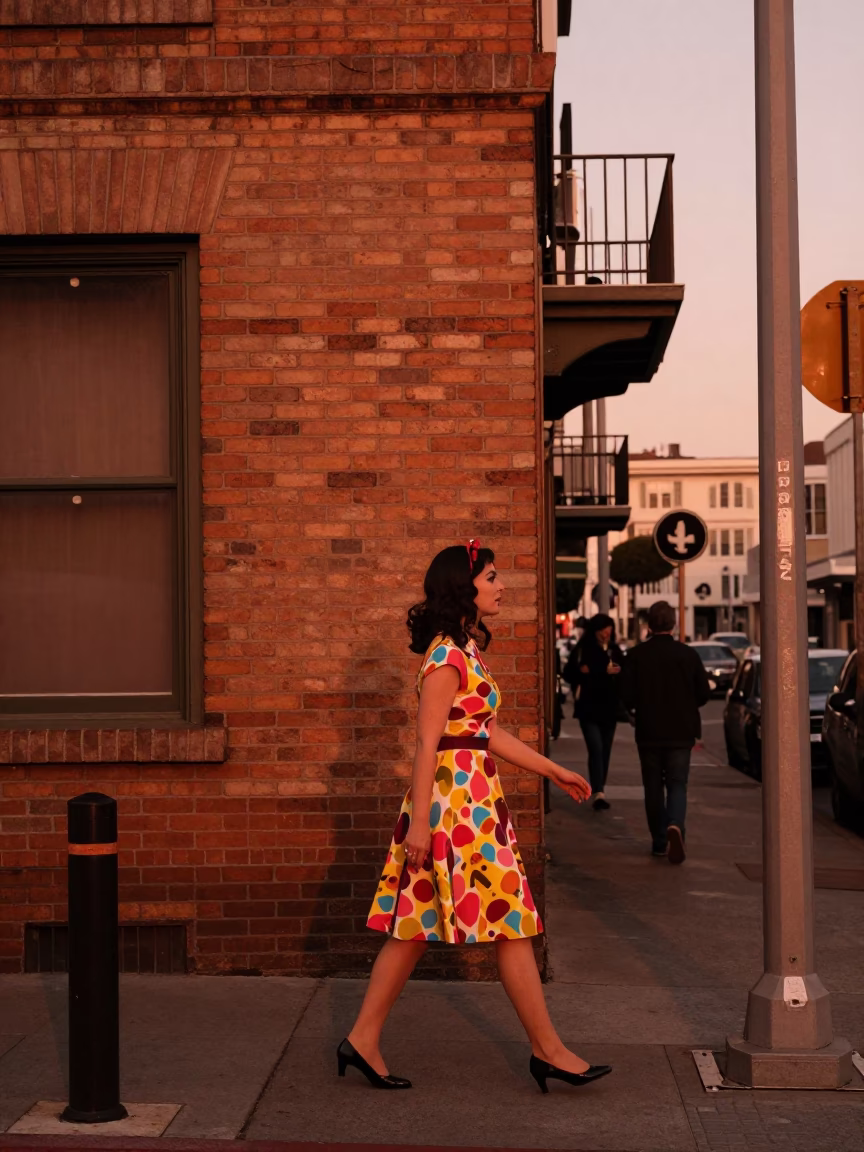 Copper-Toned San Francisco Dusk Street Scene with Vintage Fashion and Local Color in in San Francisco, California, United States