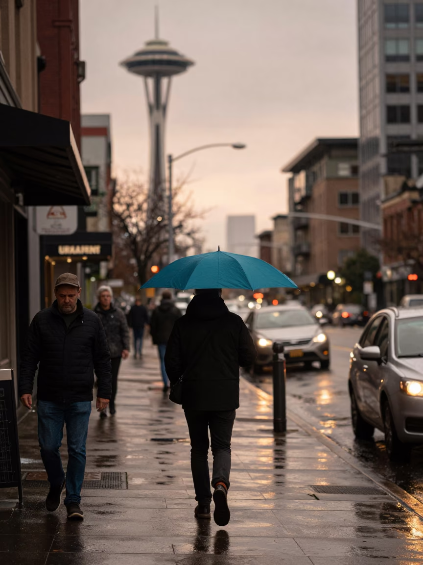 Copper-Toned Seattle Dusk Street Scene with Teal Umbrella and Wet Pavement Reflections in in Seattle, Washington, United States
