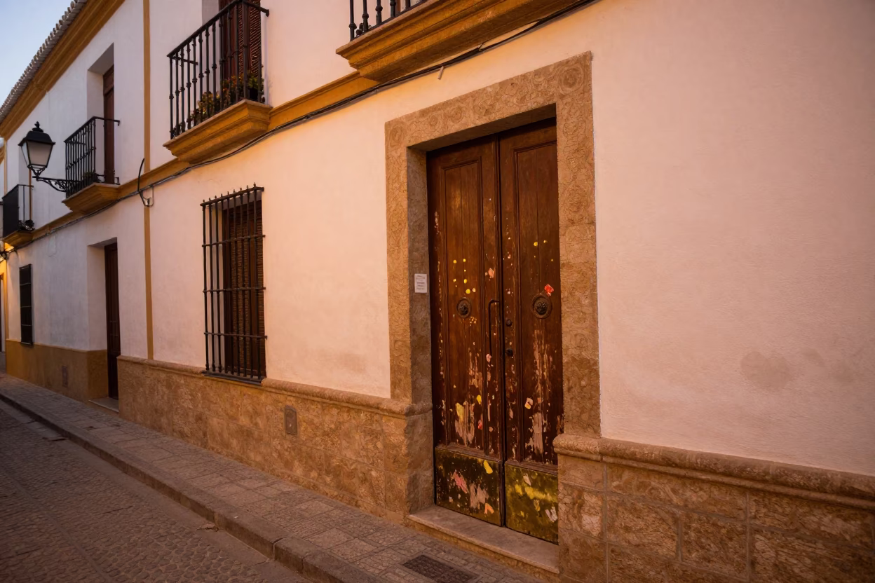 Copper Toned Seville Street Scene With Paint Flecks And Local Life Before Dusk in in Seville, Spain