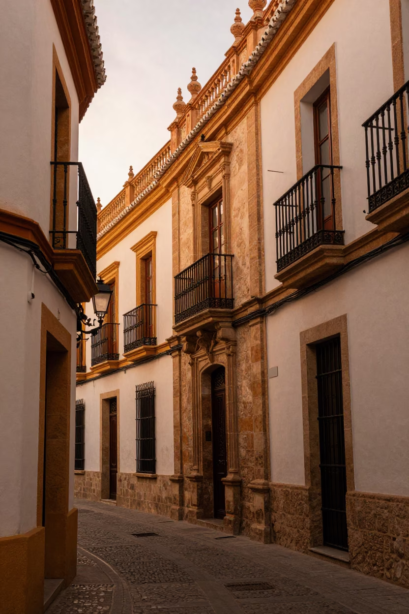 Copper Toned Seville Street Scene With Stone Architecture And Local Life Before Dusk in in Seville, Spain