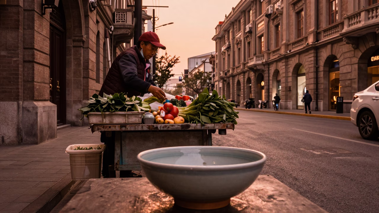 Copper Toned Shanghai Dusk Street Scene with Ceramic Bowl and Brushed Steel Handle in in Shanghai, China