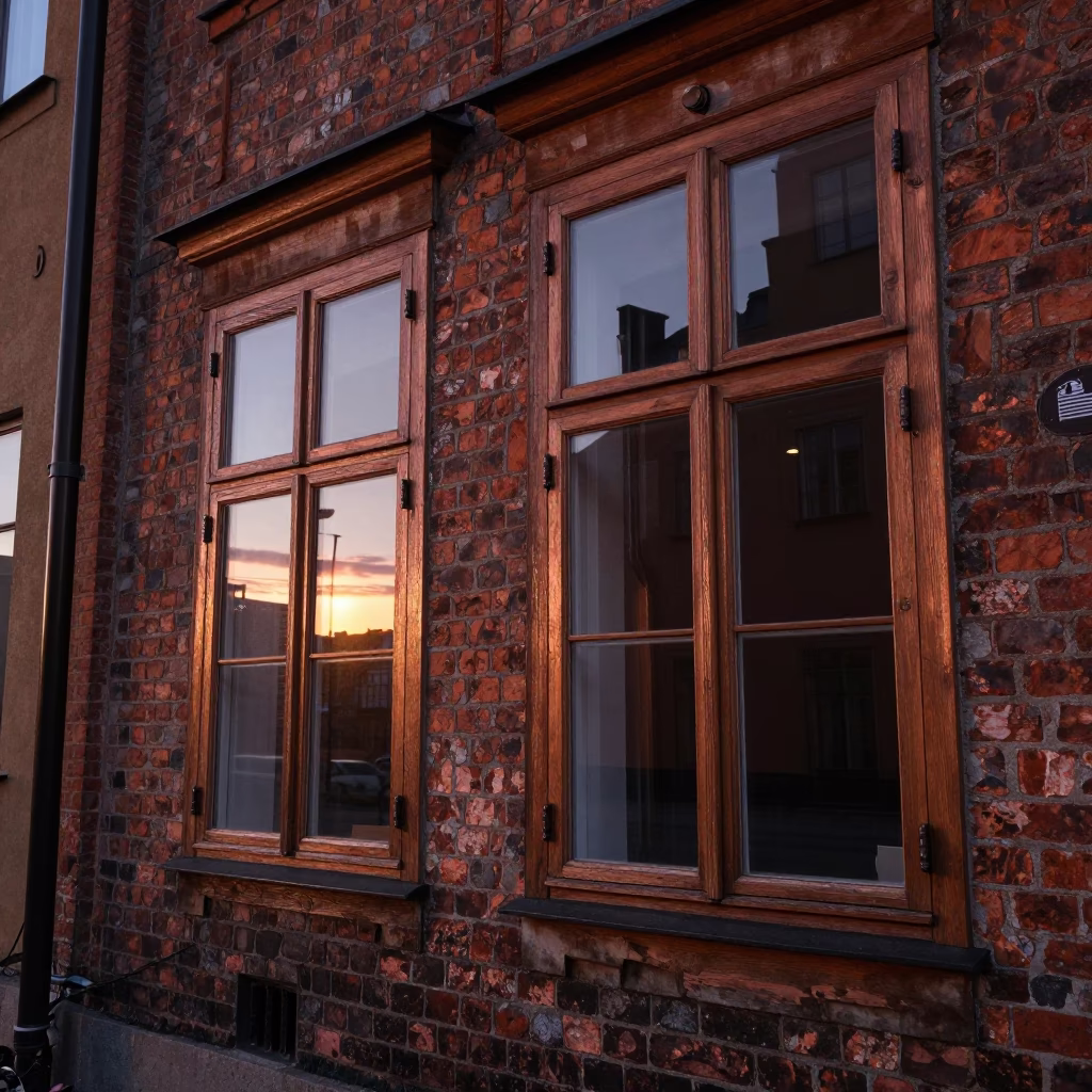 Copper-Toned Stockholm Dusk Light Illuminating Traditional Wooden Window Frames and Sill in in Stockholm, Sweden