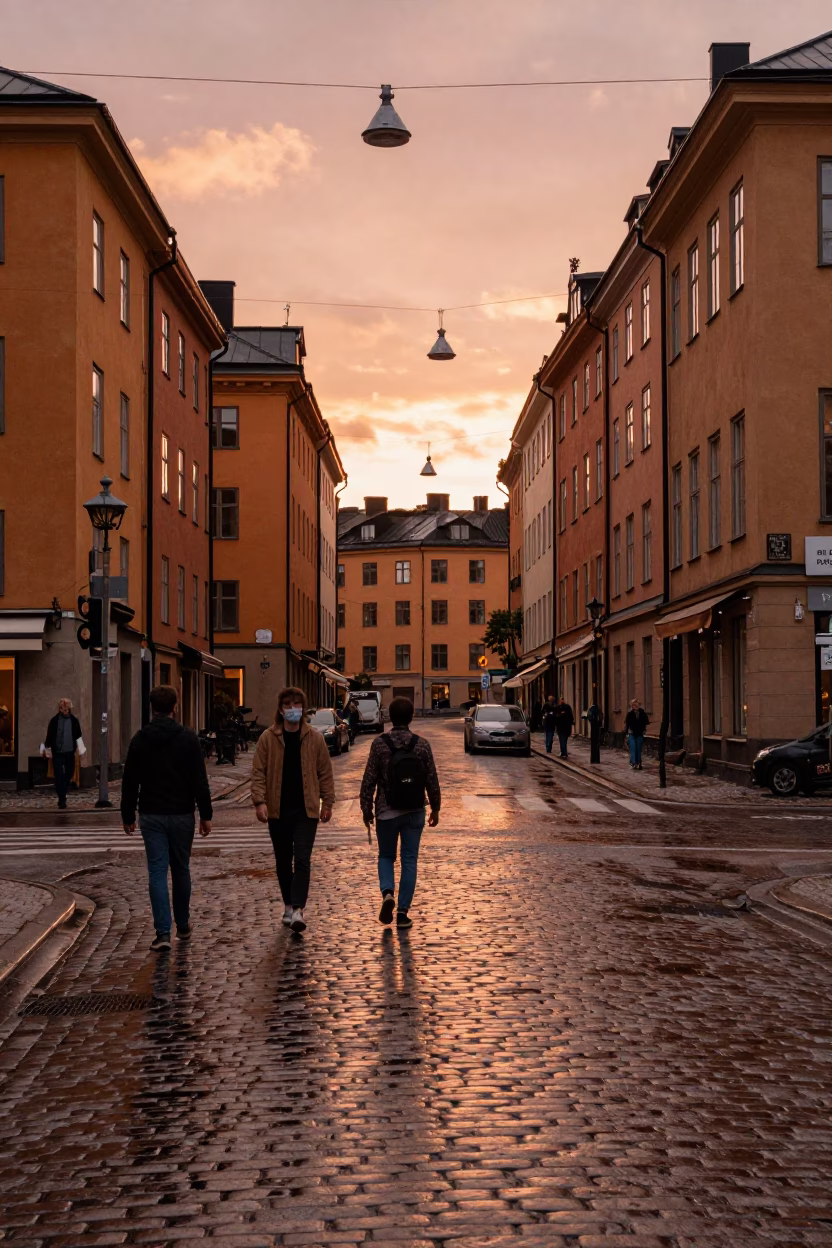 Copper-Toned Stockholm Dusk Street Scene with Vintage Cardigans and Apple Vendor in in Stockholm, Sweden