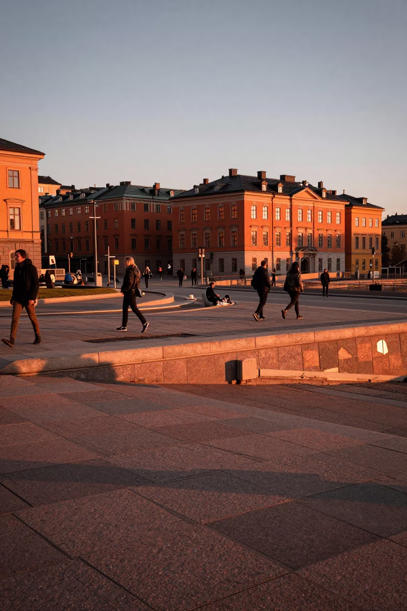 Copper-Toned Stockholm Evening at Slussen with Commuters and Tea Kettles in in Stockholm, Sweden