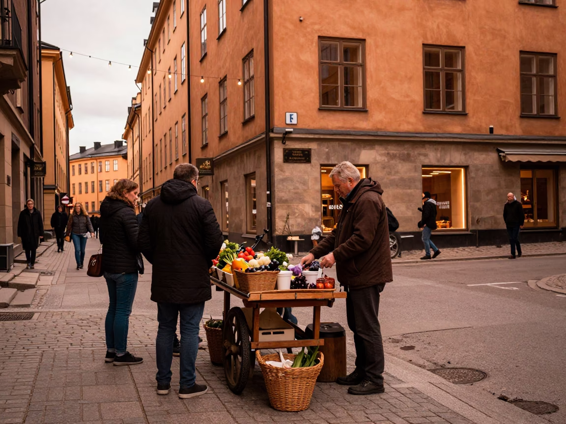 Copper Toned Stockholm Street Scene with String Lights and Basket Before Dusk in in Stockholm, Sweden