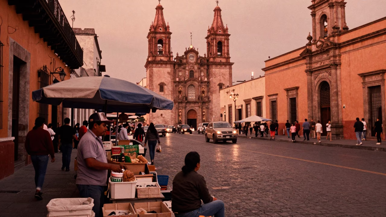 Copper Toned Street Scene in Mexico City with Local Market Vendor and Tramcar in in Mexico City, Mexico